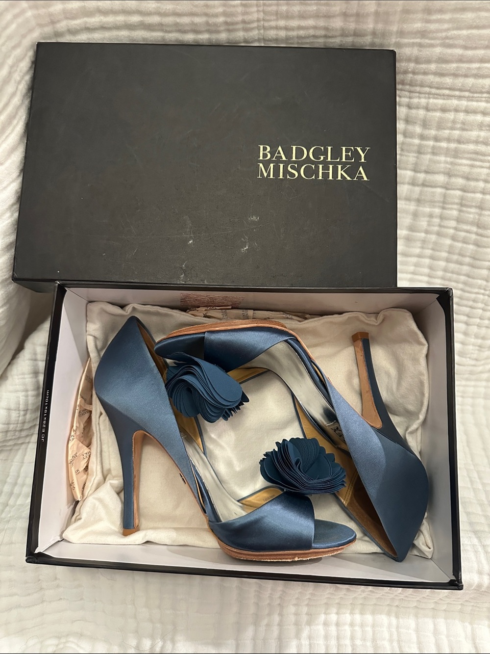 Badgley Mischka Teal Blue Satin Peep-Toe Heels with Floral Applique
